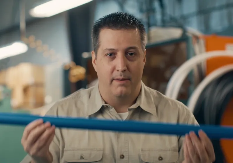 Dell holds out a pipe in front of him 
