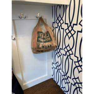 Plastic shopping bags hanging in kitchen
