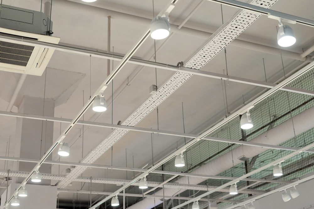 LED ceiling lights in warehouse.