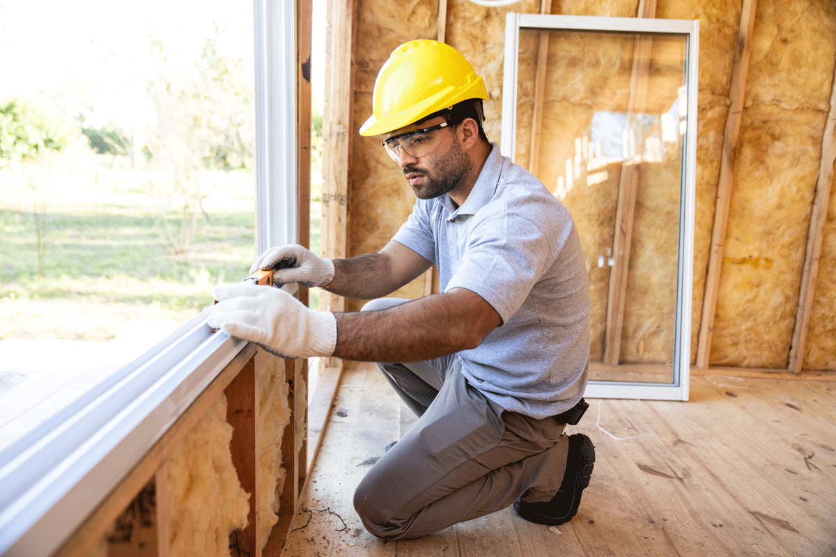 Construction worker installing windows