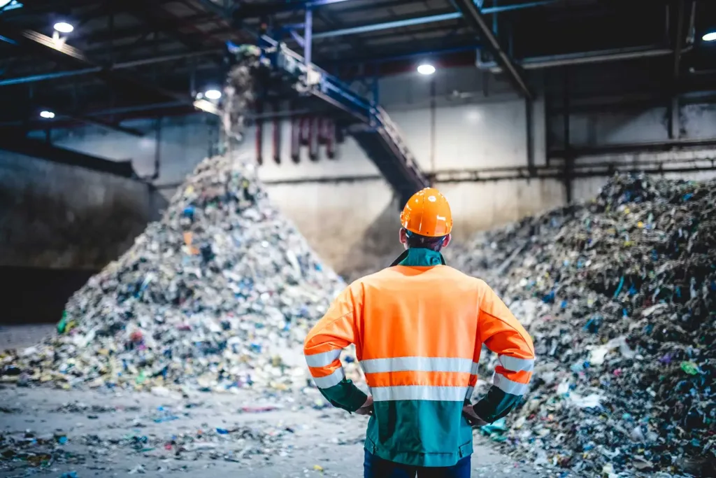 A man looking at a large pile of plastic to be recycled.