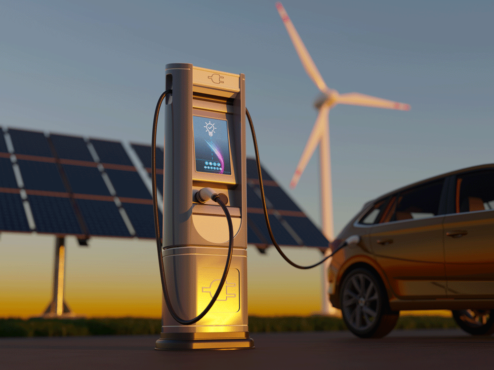 Electric car charging station with wind turbines and solar panels in the background