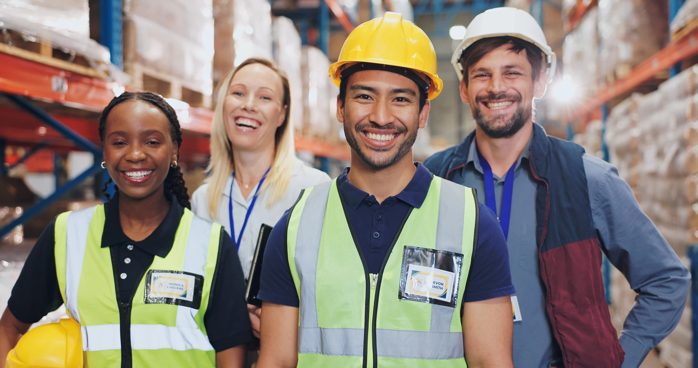A smiling team of warehouse workers