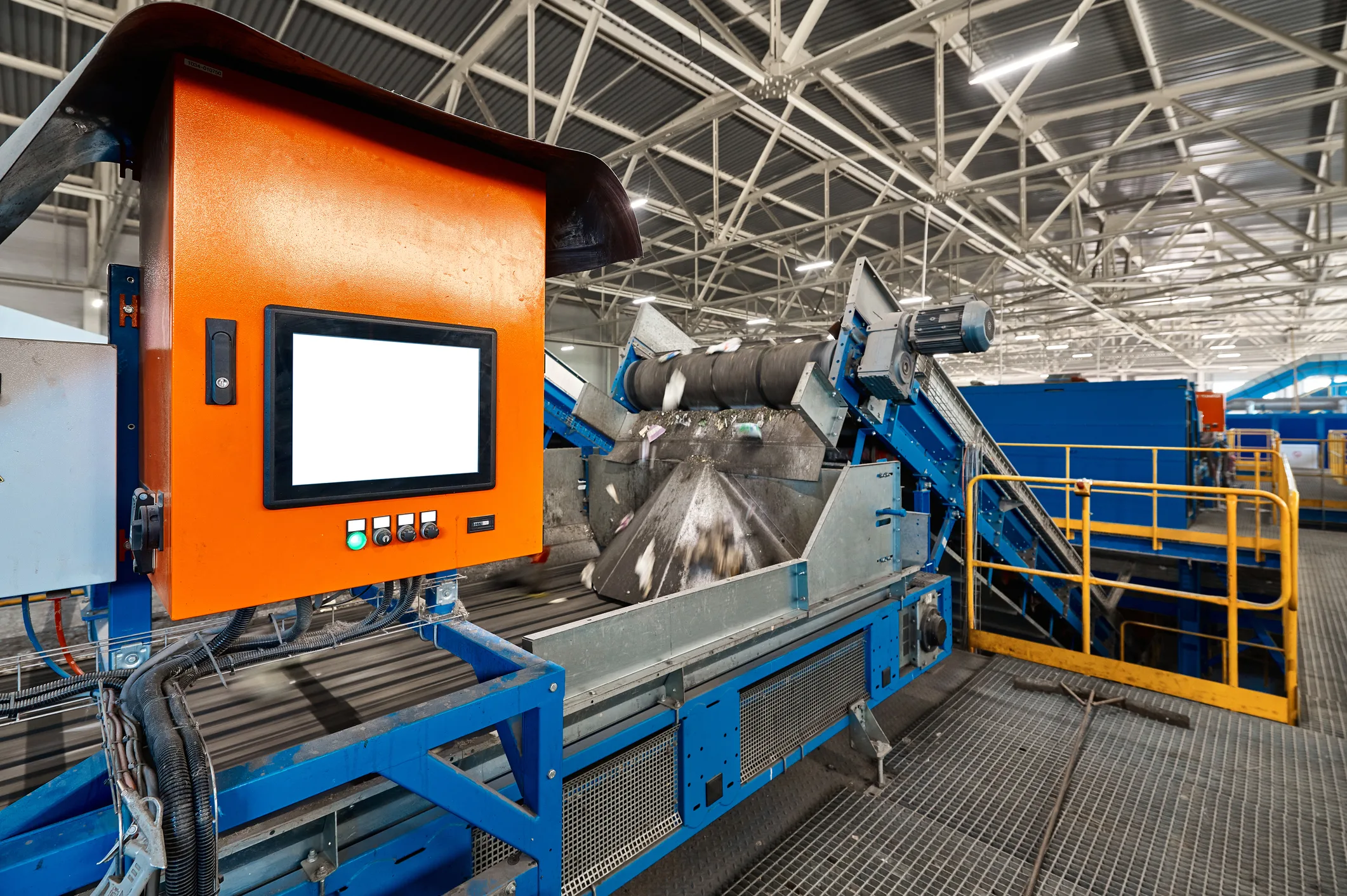 Control panel of production line in recycling plant workshop